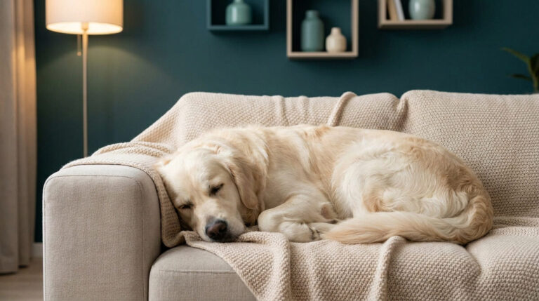 Un chien Golden Retriever dort paisiblement sur un canapé beige recouvert d'un plaid dans un salon moderne.