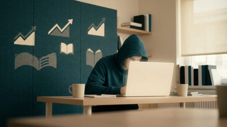 Un étudiant en sweat à capuche travaille sur un ordinateur portable devant un mur décoré d'icônes de livres et de graphiques.