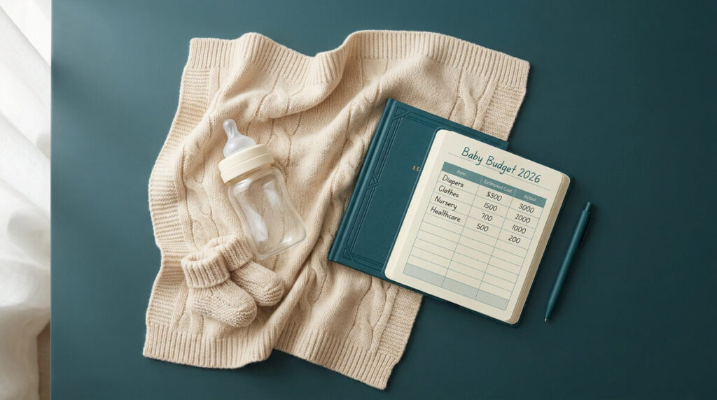 Un biberon, des chaussons en laine et un carnet ouvert présentant un tableau de budget bébé posés sur une table.