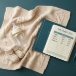Un biberon, des chaussons en laine et un carnet ouvert présentant un tableau de budget bébé posés sur une table.