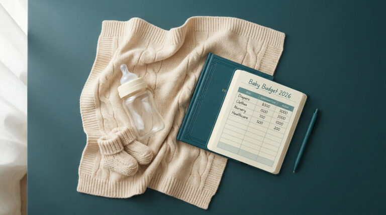 Un biberon, des chaussons en laine et un carnet ouvert présentant un tableau de budget bébé posés sur une table.