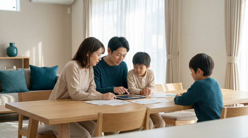Famille de quatre personnes assise autour d'une table, consultant des documents et une tablette pour gérer leur budget.