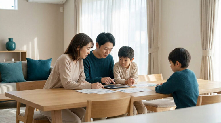Famille de quatre personnes assise autour d'une table, consultant des documents et une tablette pour gérer leur budget.