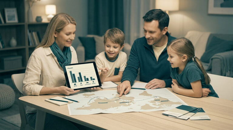 Une famille planifie ses vacances autour d'une carte du monde et d'une tablette affichant un graphique budgétaire.