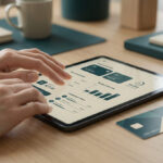 Une personne utilisant une tablette numérique pour consulter son budget et ses options de paiement avec une carte bancaire.