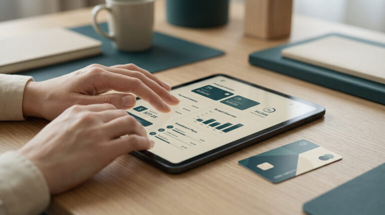 Une personne utilisant une tablette numérique pour consulter son budget et ses options de paiement avec une carte bancaire.