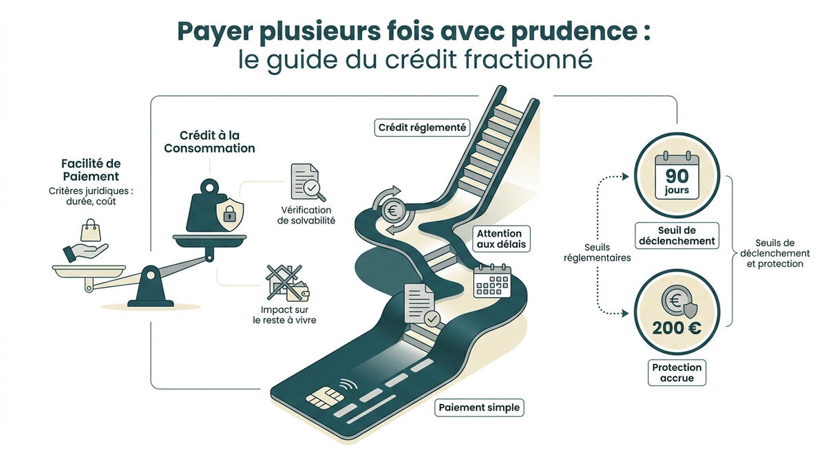 Schéma explicatif des seuils de 200 euros et 90 jours pour le crédit fractionné