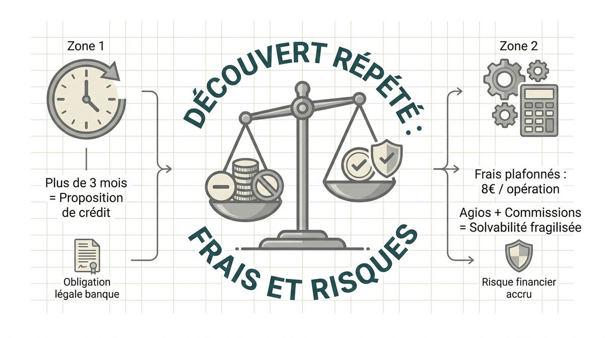 Infographie expliquant les frais et les risques liés au découvert bancaire répété