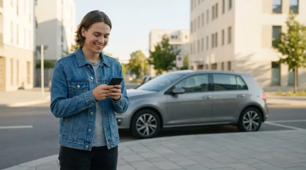Un jeune homme souriant en veste en jean utilise son smartphone dans la rue, avec une voiture en arrière-plan.