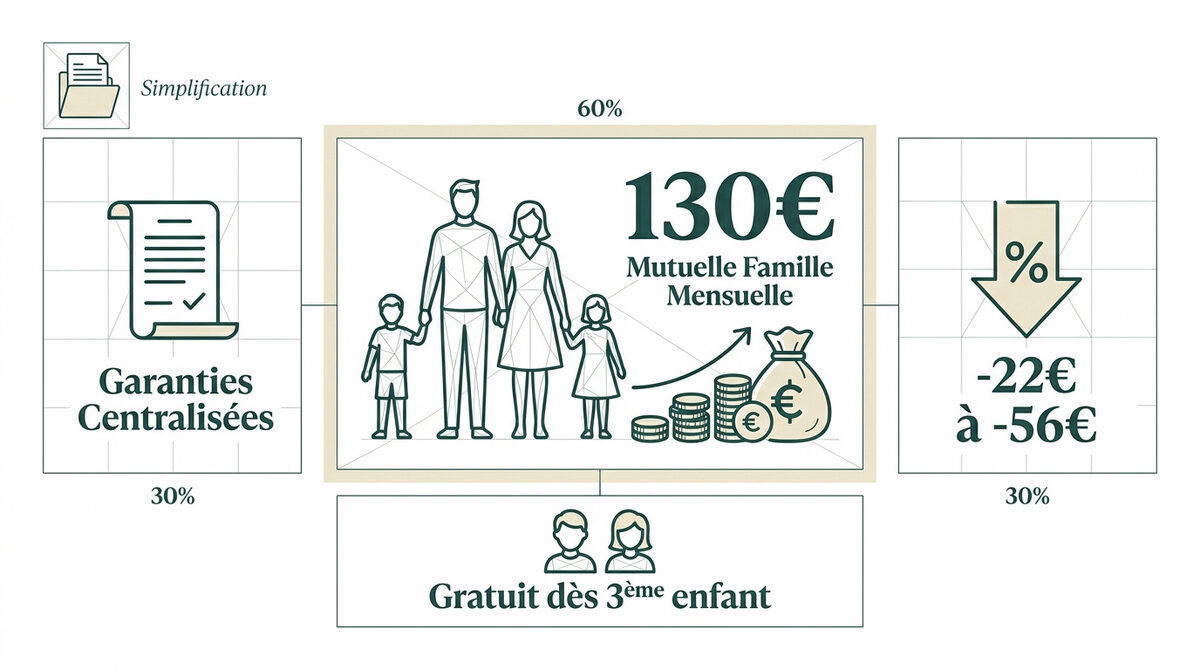 Famille souriante calculant son budget santé sur une tablette