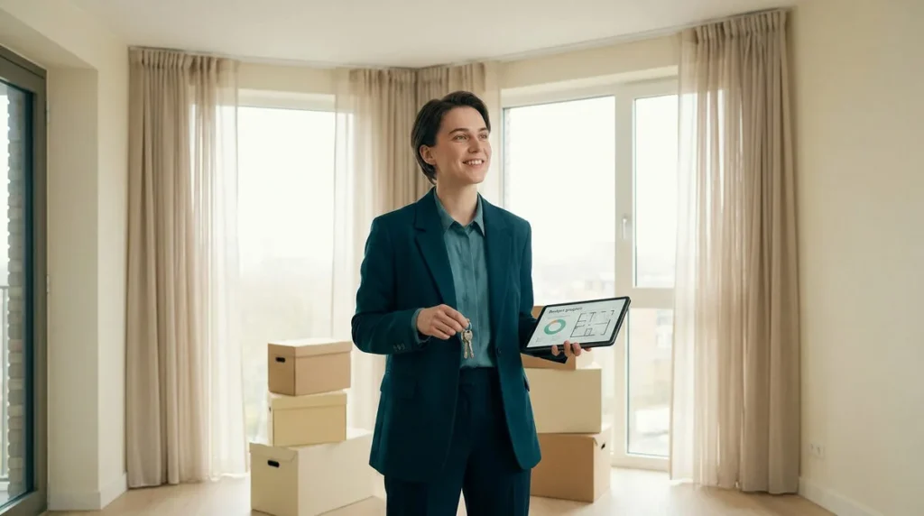Agent immobilier souriant tenant des clés et une tablette avec un graphique financier dans un appartement vide.