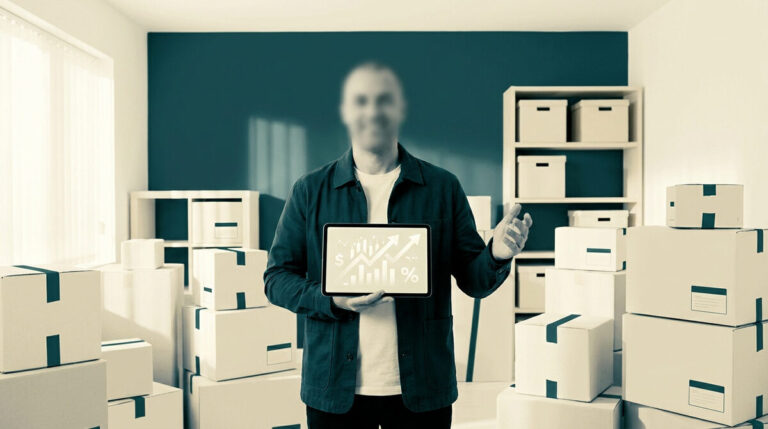 Un homme tient une tablette affichant des graphiques financiers au milieu de cartons de déménagement.