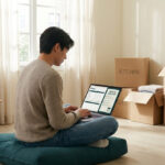 Un étudiant assis sur un coussin au sol, utilisant un ordinateur pour organiser son budget dans un appartement rempli de cartons.