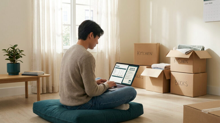 Un étudiant assis sur un coussin au sol, utilisant un ordinateur pour organiser son budget dans un appartement rempli de cartons.