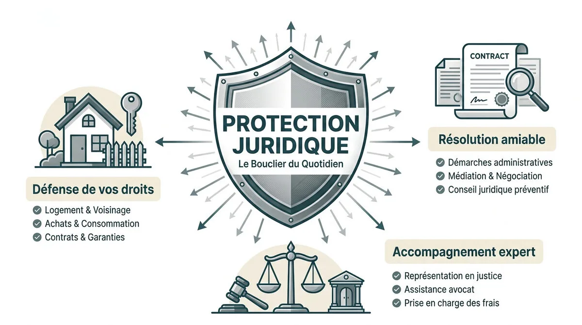 Un bouclier symbolisant la protection juridique face aux litiges du quotidien