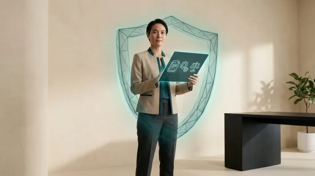 Une femme d'affaires devant un bouclier numérique holographique avec des icônes juridiques dans un bureau moderne.