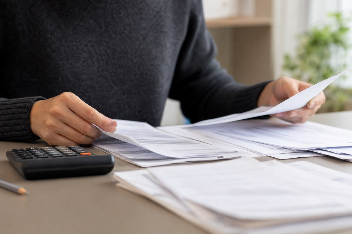Tri des mensualités et documents bancaires sur un bureau
