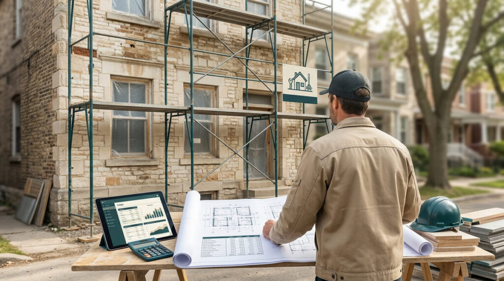 Un entrepreneur en vue arrière consultant des plans et une tablette numérique devant une maison en rénovation.