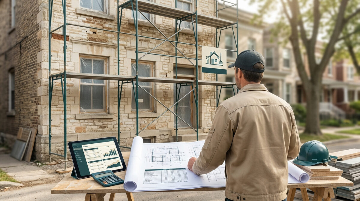 Un entrepreneur en vue arrière consultant des plans et une tablette numérique devant une maison en rénovation.