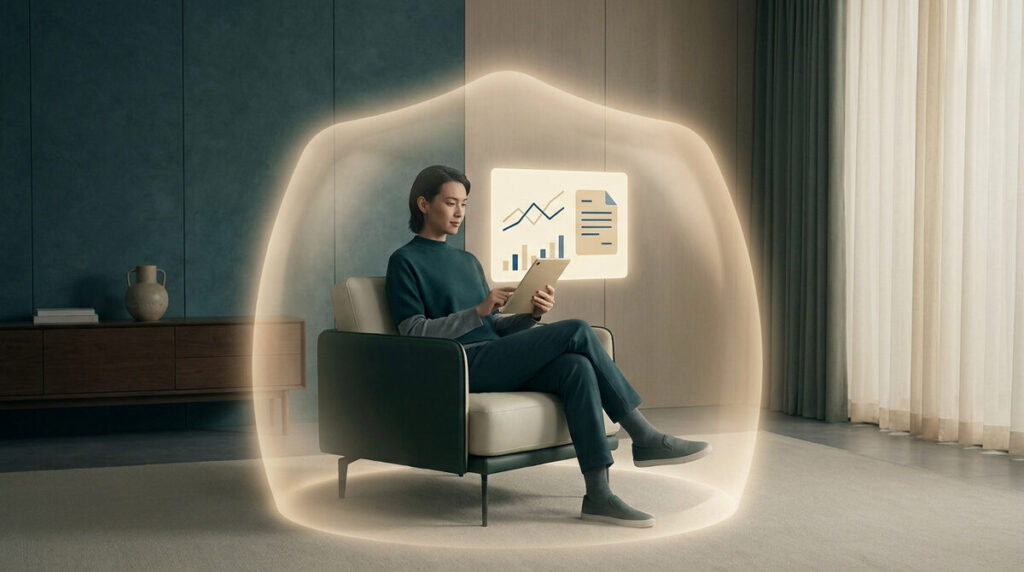 Une personne assise dans un fauteuil, protégée par une bulle lumineuse virtuelle tout en utilisant une tablette numérique.