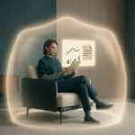 Une personne assise dans un fauteuil, protégée par une bulle lumineuse virtuelle tout en utilisant une tablette numérique.