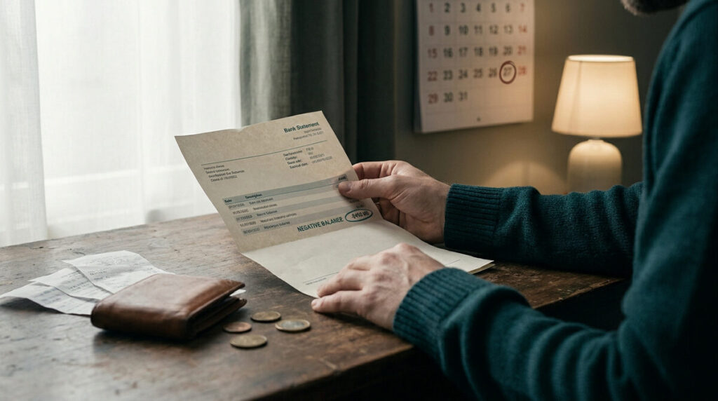 Un homme examine un relevé bancaire avec un solde négatif devant un calendrier et un portefeuille sur un bureau.