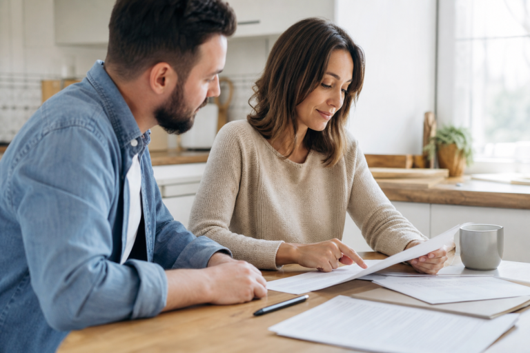 Couple co-emprunteur consultant ensemble les documents d’assurance de son prêt immobilier autour d’une table