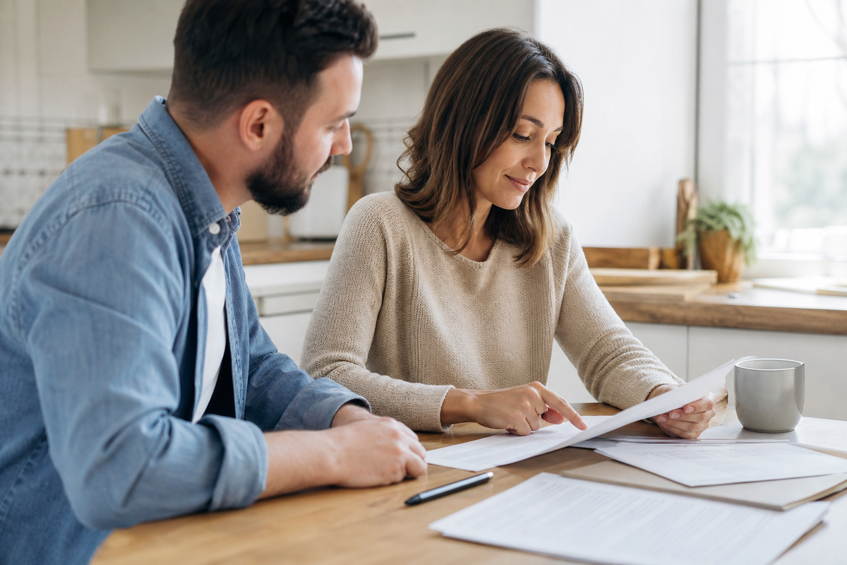 Couple co-emprunteur consultant ensemble les documents d’assurance de son prêt immobilier autour d’une table