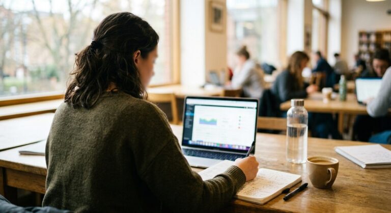 Personne vue de dos suivant une formation sur ordinateur portable avec des notes