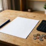 Feuille de budget vierge, calculatrice et pièces de monnaie pour planifier le coût du permis
