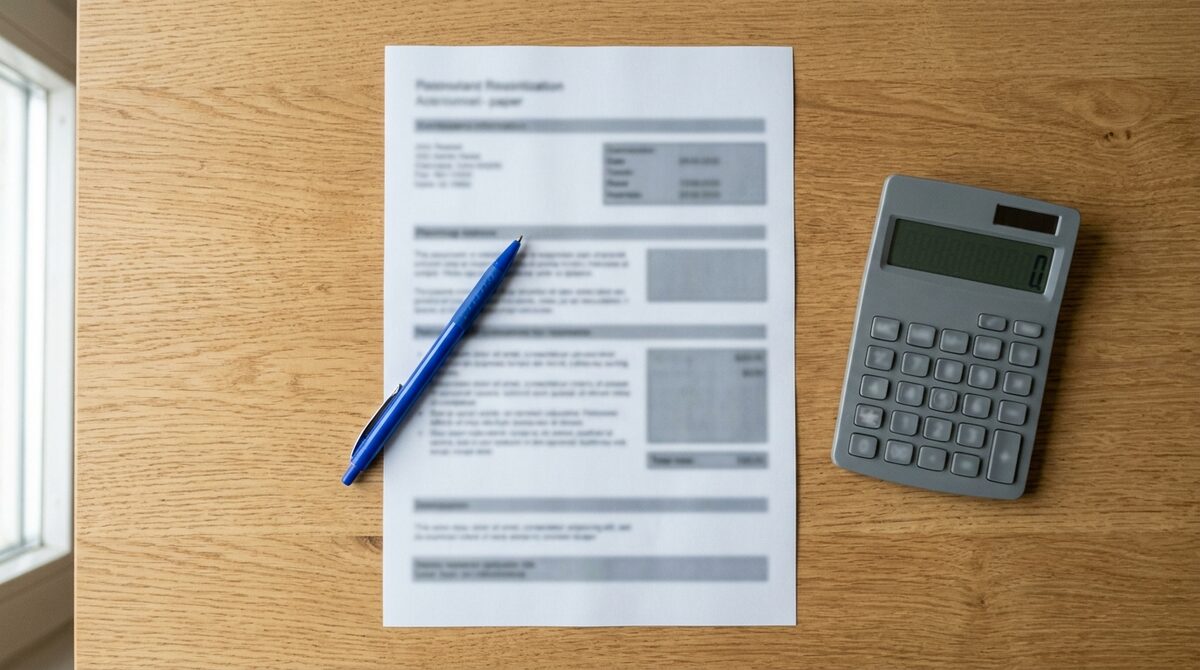 Main tenant un stylo au-dessus d'un document imprimé avec des lignes floues, calculatrice à côté