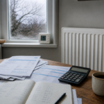 Factures, carnet de budget, calculatrice et tasse de café sur une table de cuisine près d'un radiateur en hiver