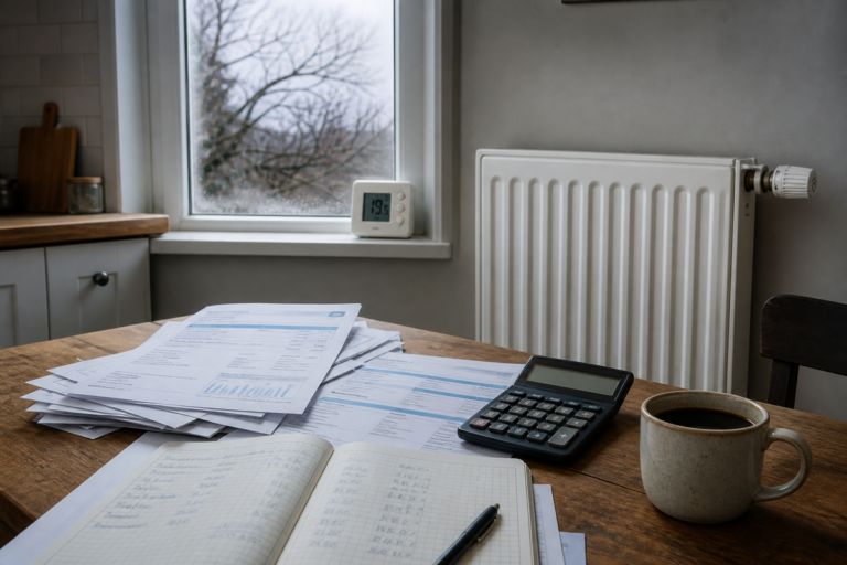 Factures, carnet de budget, calculatrice et tasse de café sur une table de cuisine près d'un radiateur en hiver