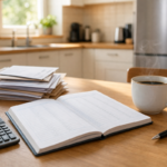 Calendrier budgétaire avec factures annuelles et notes de prévision sur une table