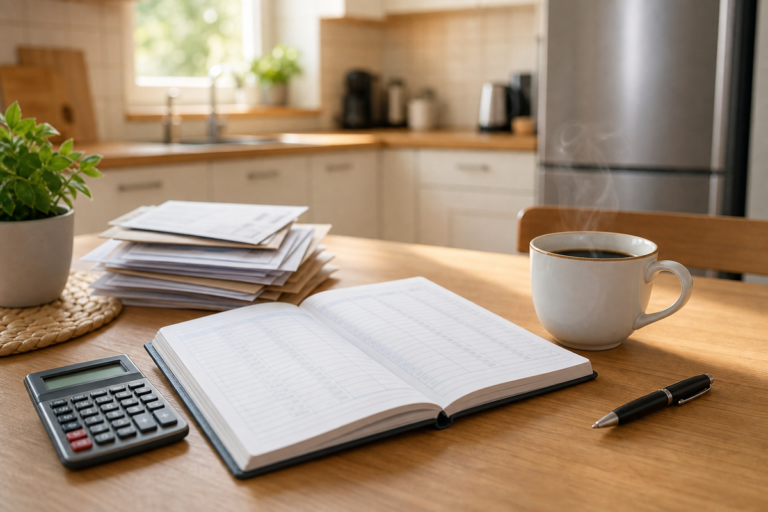 Calendrier budgétaire avec factures annuelles et notes de prévision sur une table
