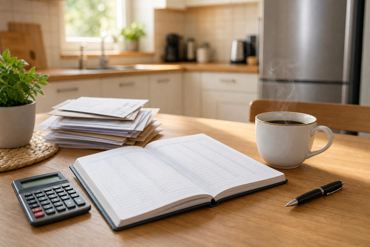 Calendrier budgétaire avec factures annuelles et notes de prévision sur une table