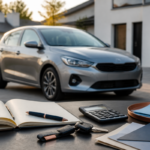 Une voiture avec un carnet, une calculatrice et des clés pour préparer le budget complet avant achat.