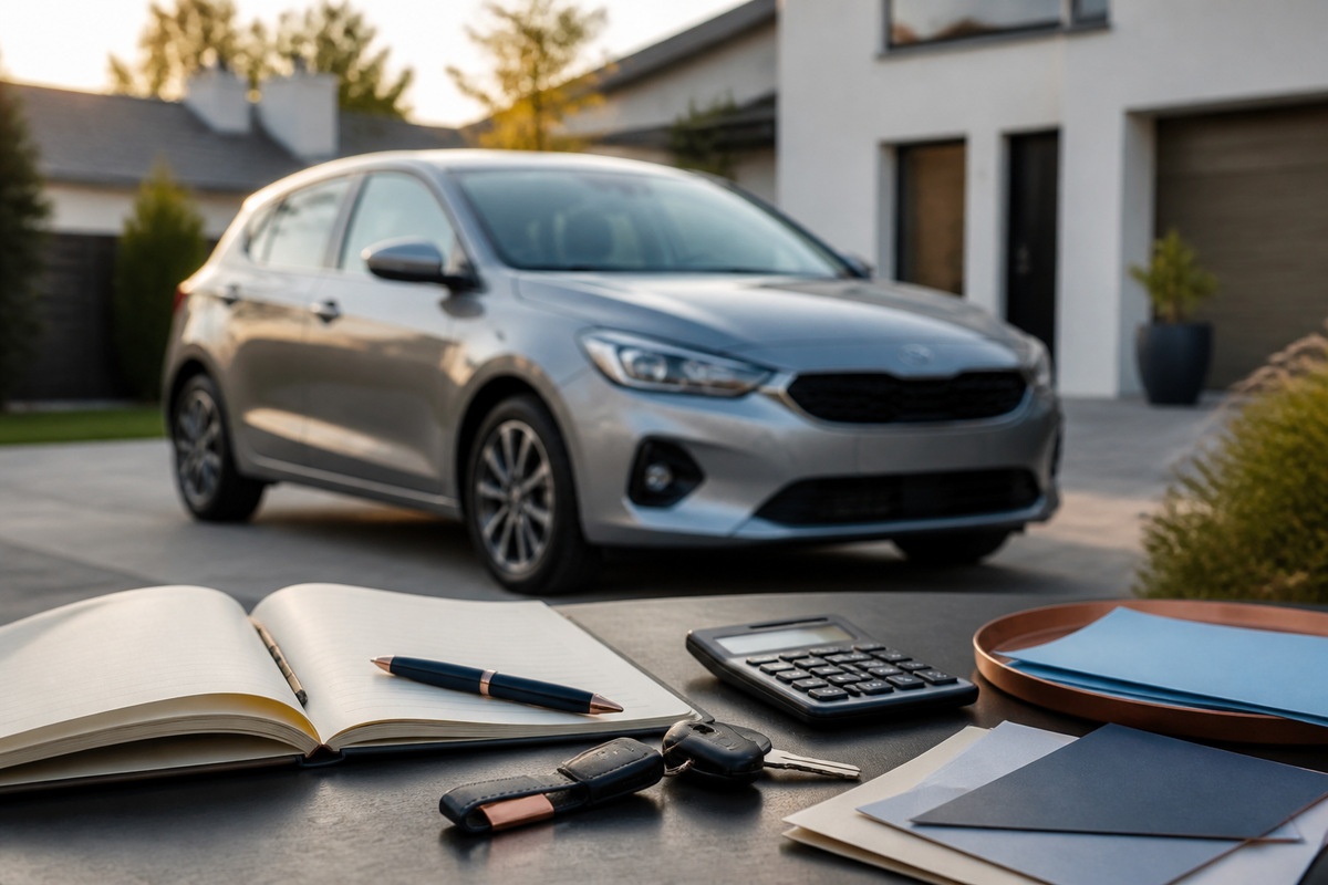 Une voiture avec un carnet, une calculatrice et des clés pour préparer le budget complet avant achat.