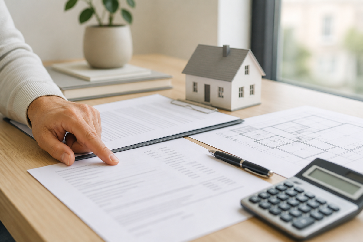 Documents immobiliers préparés sur une table avec une main qui pointe une ligne de coût et une calculatrice, avant la signature de l'acte