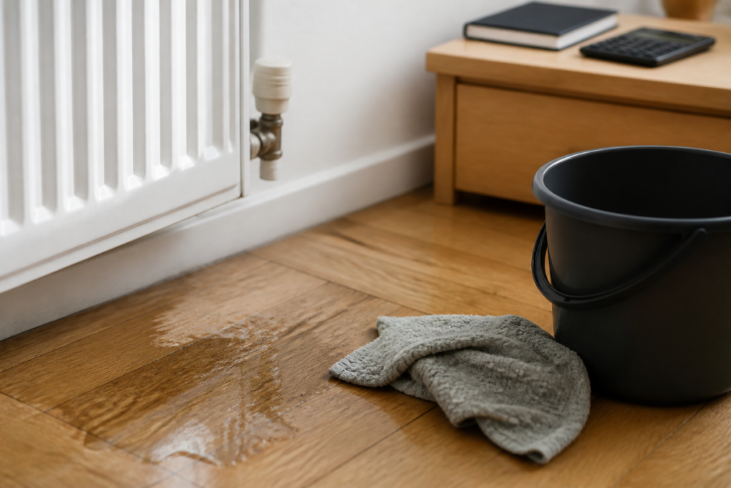 Parquet humide près d'un radiateur avec une serpillière sobre et un seau, carnet et calculatrice en second plan, lumière naturelle