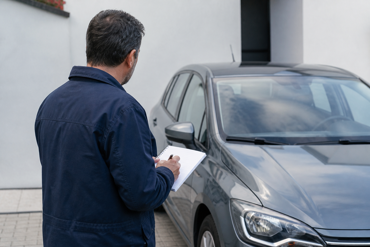 Une personne note le budget d'achat d'une voiture dans un calepin près du véhicule.