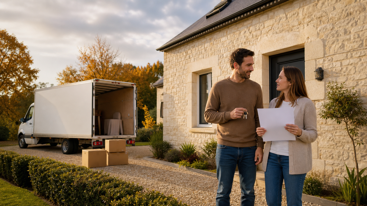 Couple devant une maison avec un camion de déménagement et des cartons, documents et clés à la main