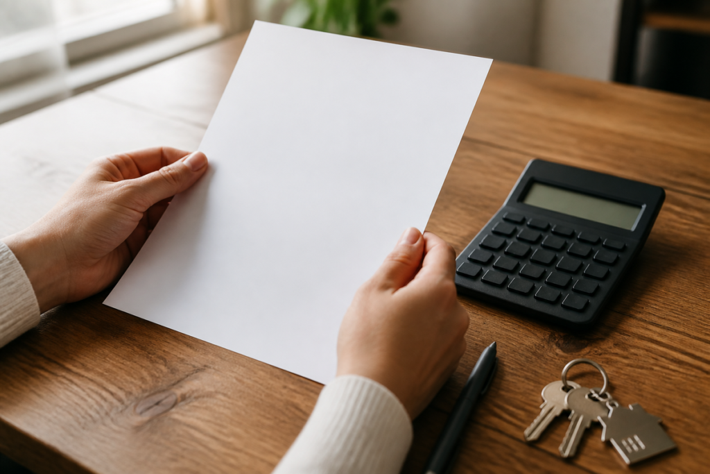 Mains tenant une feuille de papier vierge posée sur une table avec une calculatrice, un stylo et un trousseau de clés