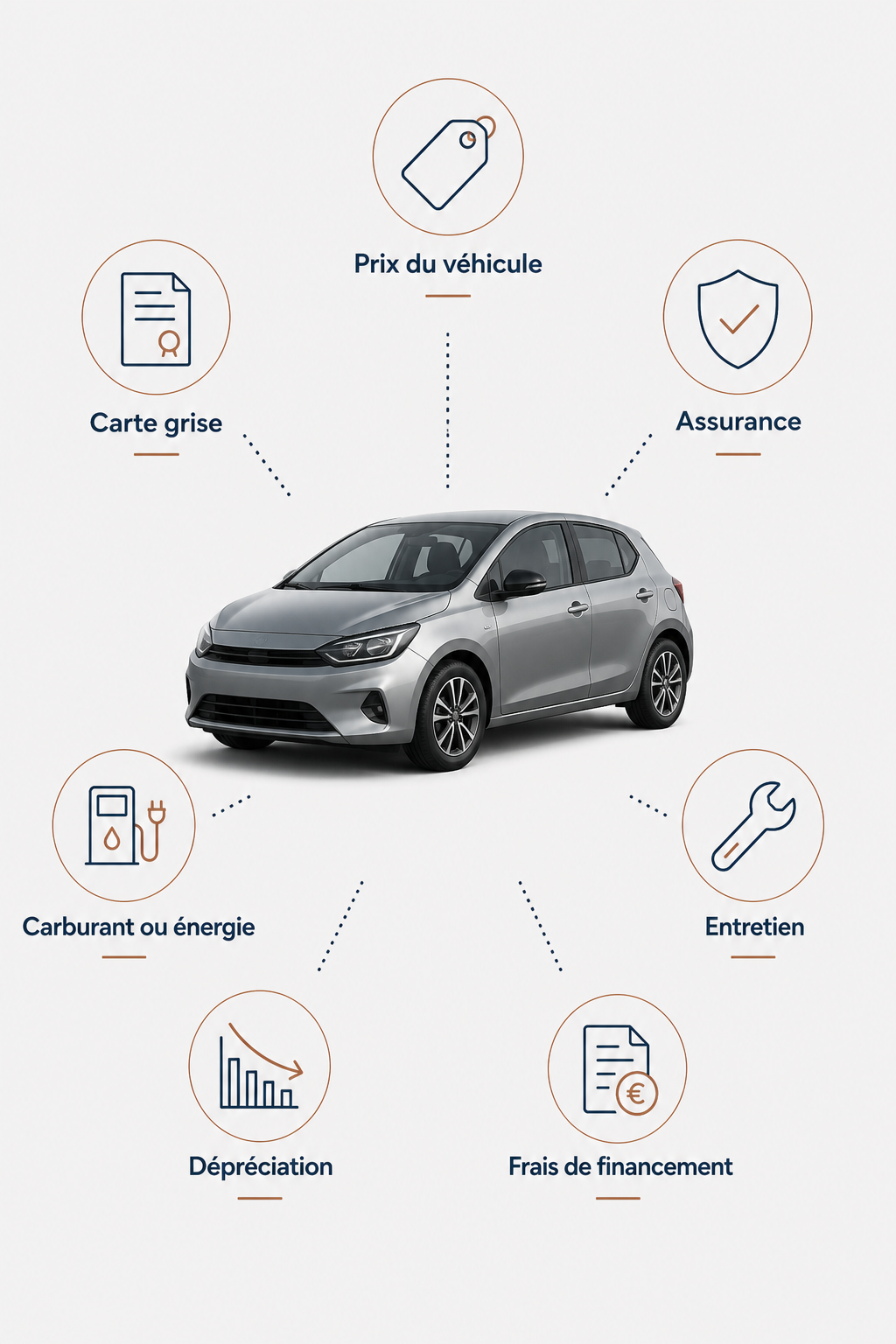 Les sept postes du budget automobile : prix, carte grise, assurance, énergie, entretien, dépréciation et financement.