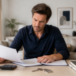 Un acheteur consulte des documents d'achat immobilier en préparant son budget et la taxe foncière