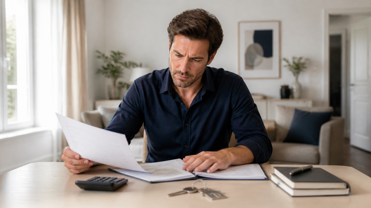 Un acheteur consulte des documents d'achat immobilier en préparant son budget et la taxe foncière