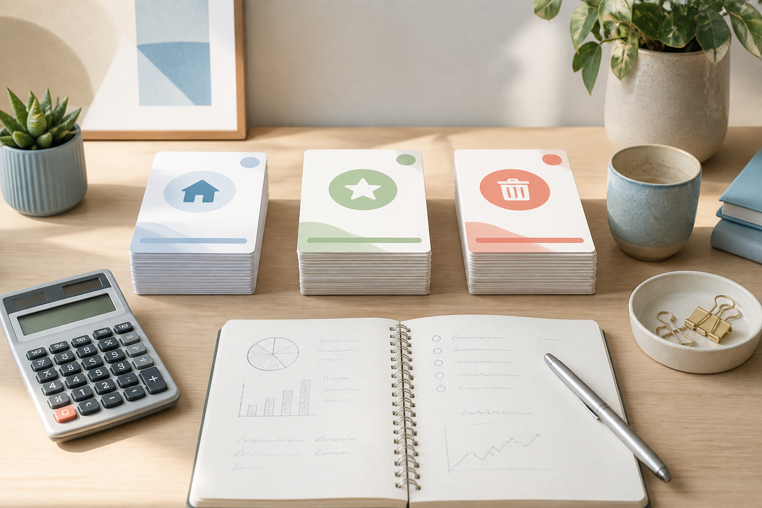 Classer les abonnements sans couper l’utile Trois piles de cartes servent à classer les abonnements essentiels, optionnels et à supprimer