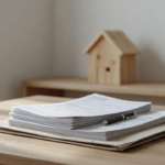 Documents de dossier immobilier et un stylo disposés sur une table claire, avec une petite maison miniature en arrière-plan flou