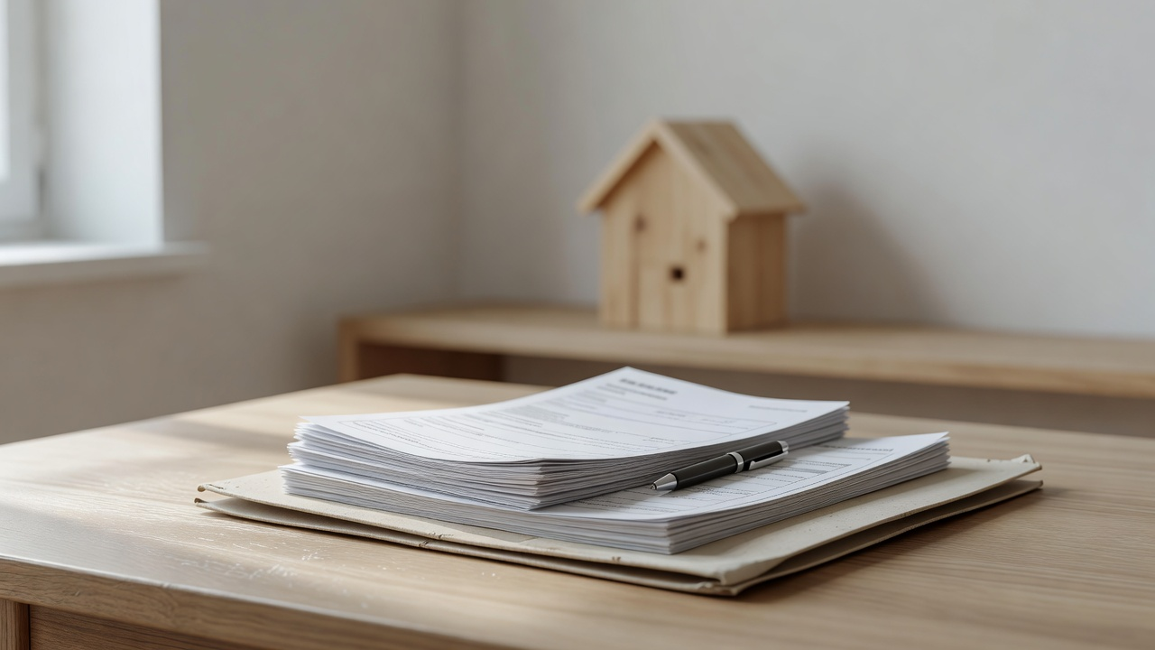 Documents de dossier immobilier et un stylo disposés sur une table claire, avec une petite maison miniature en arrière-plan flou