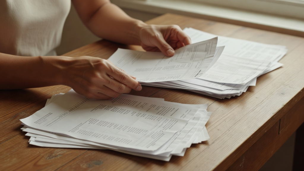 Mains triant des bulletins de salaire et des relevés bancaires sur un bureau en bois éclairé par la lumière du matin